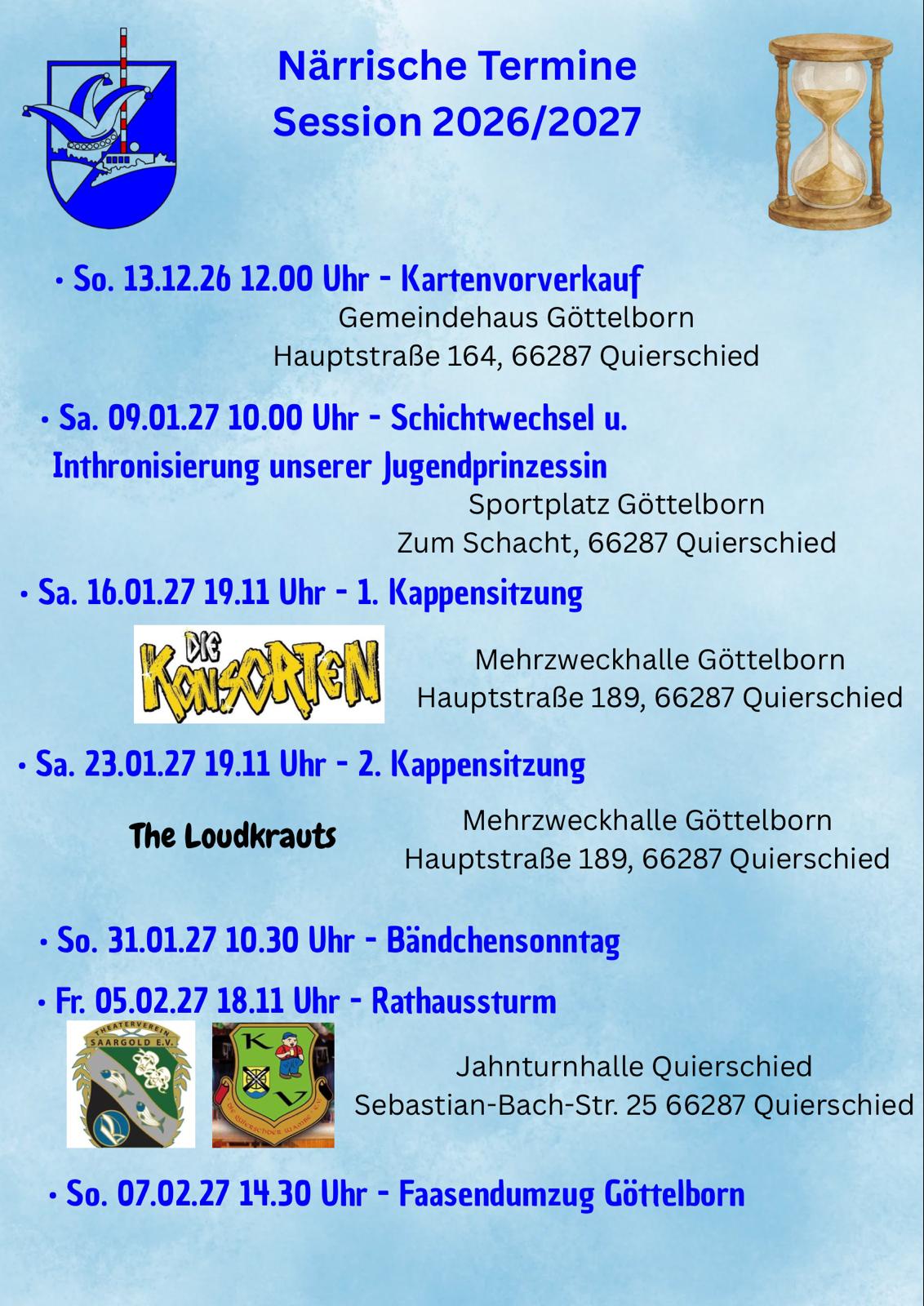 Närrische Termine der Session 2026/27